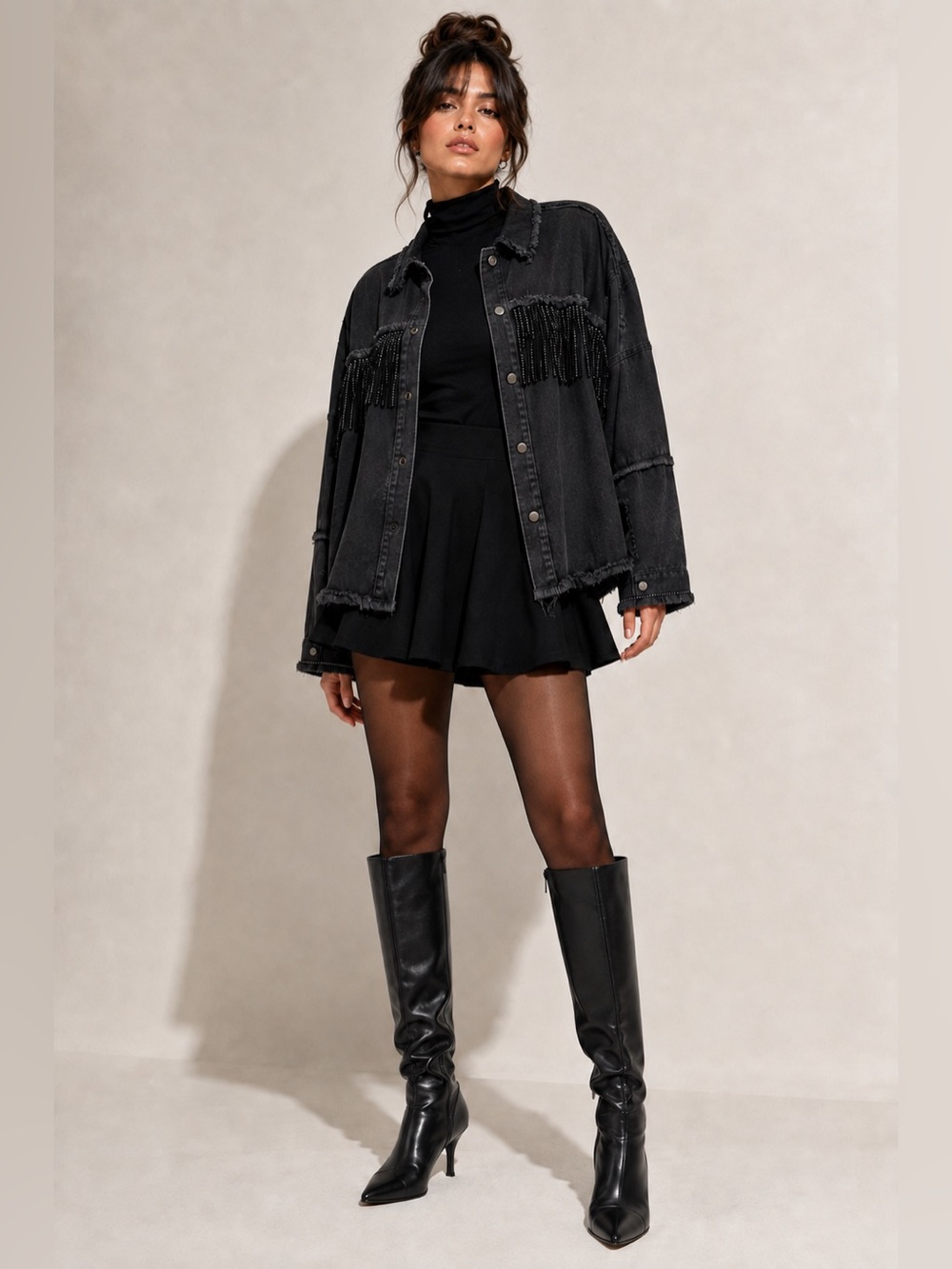 Zara Black Denim Rhinestone Fringe Oversized Jacket Size Small - Picture 15 of 15
